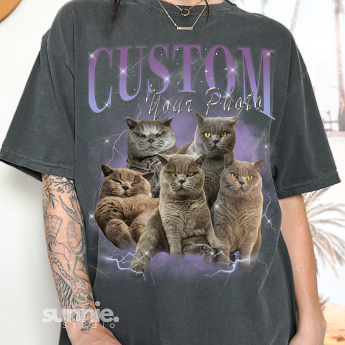 Person wearing a t-shirt with four cats and 'Custom Your Photo' text.